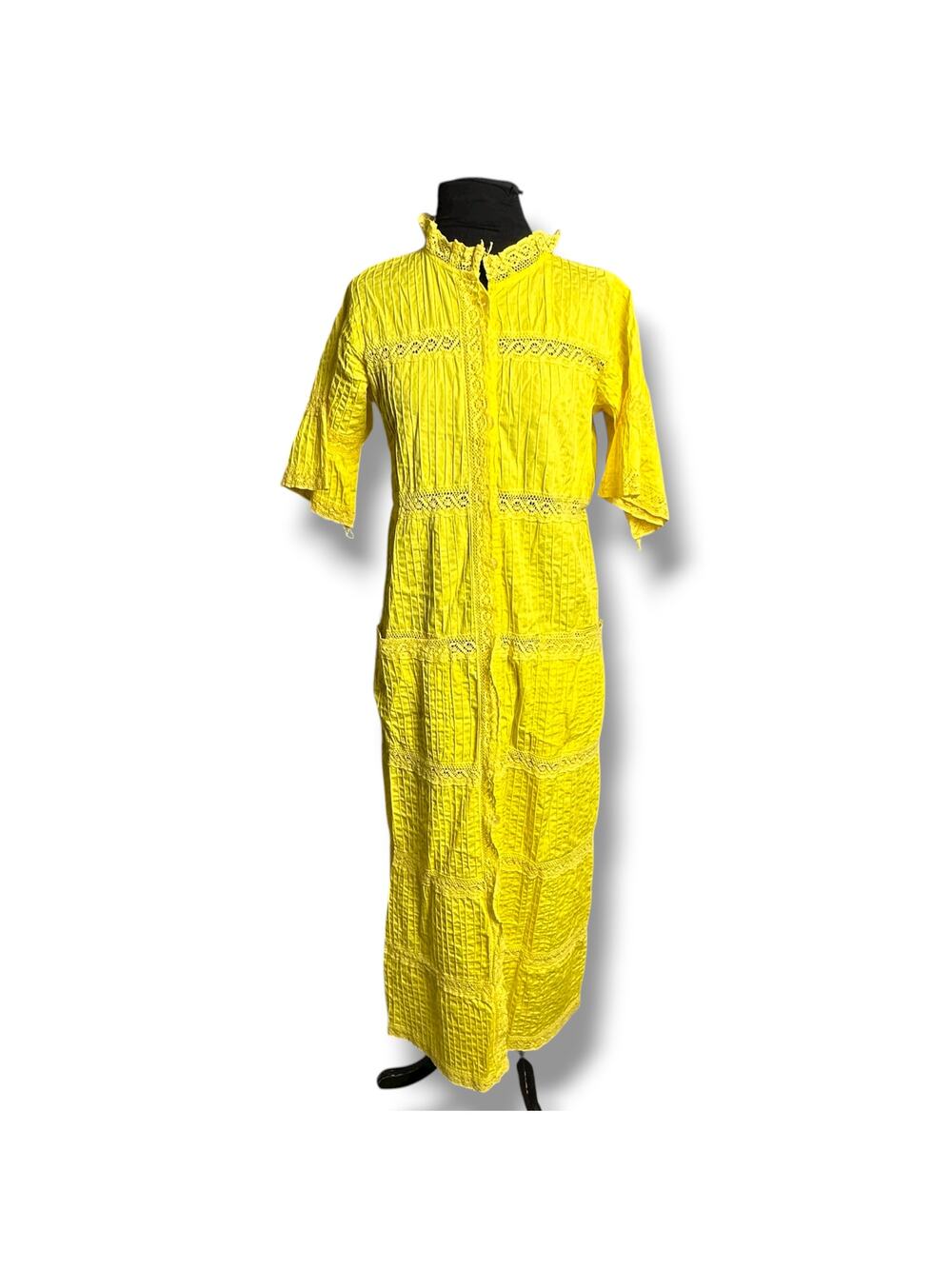 Vintage 60s Mexican Yellow Lace Pintuck Cotton Maxi Dress Hippie Boho Prairie L